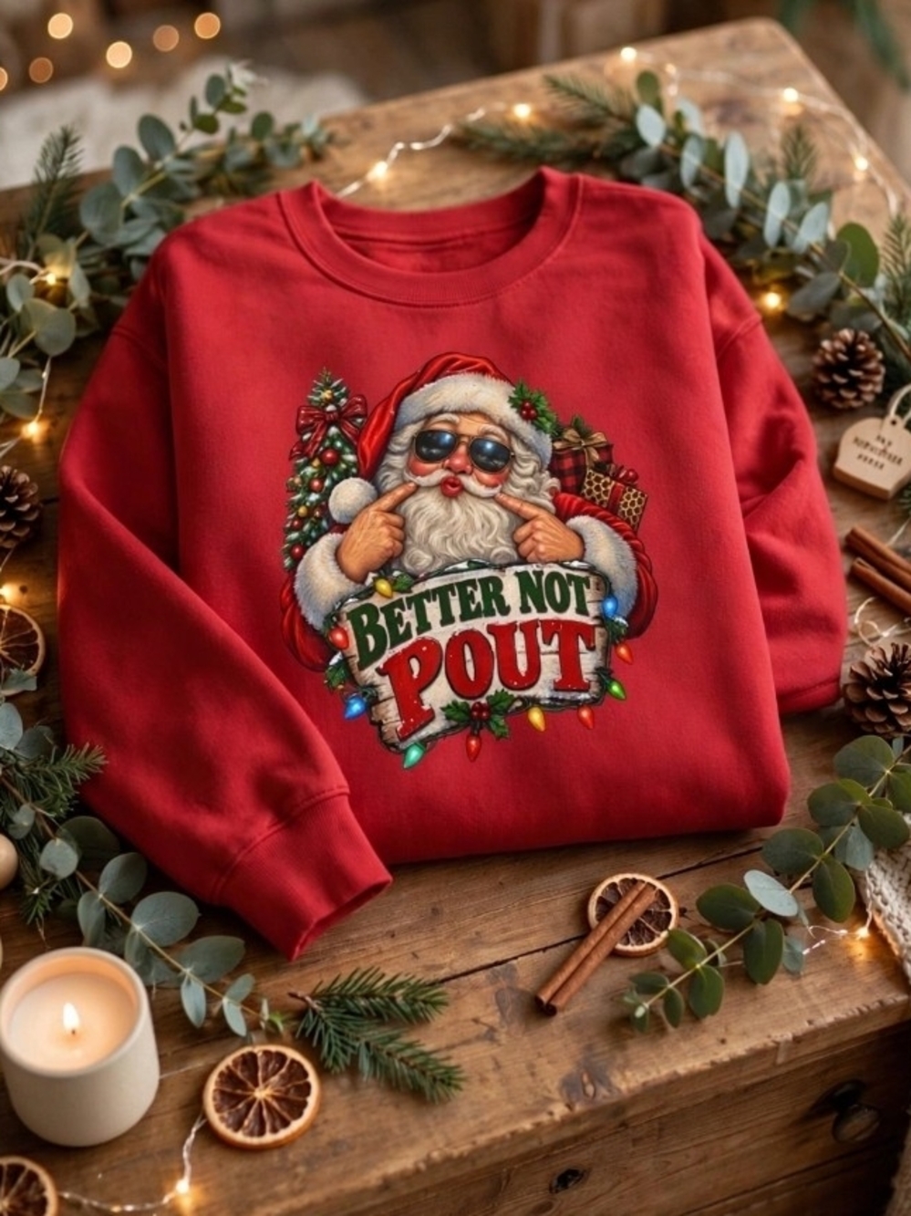Red/White  'Better Not Pout' Santa Graphic Sweatshirt NWT